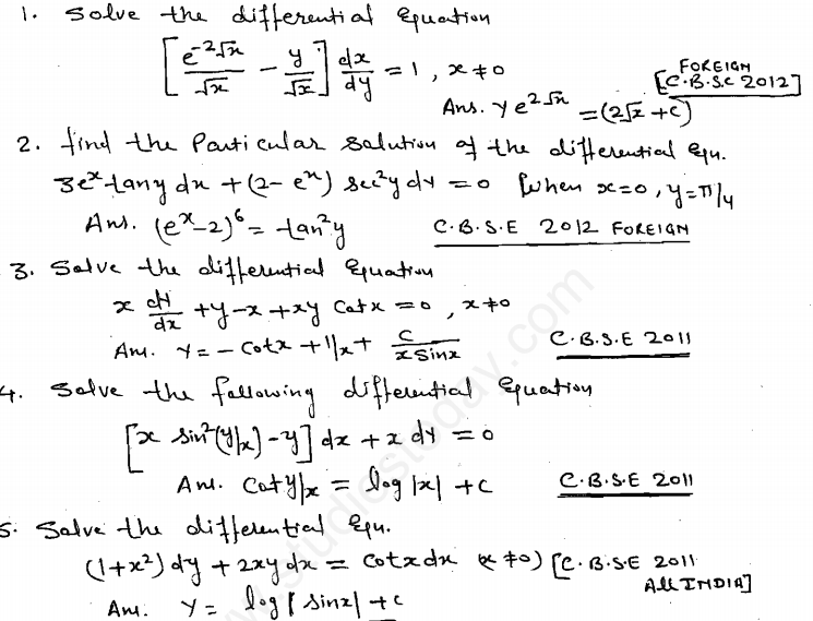 Cbse Class 12 Mathematics Differential Equations Assignment Set A 5820